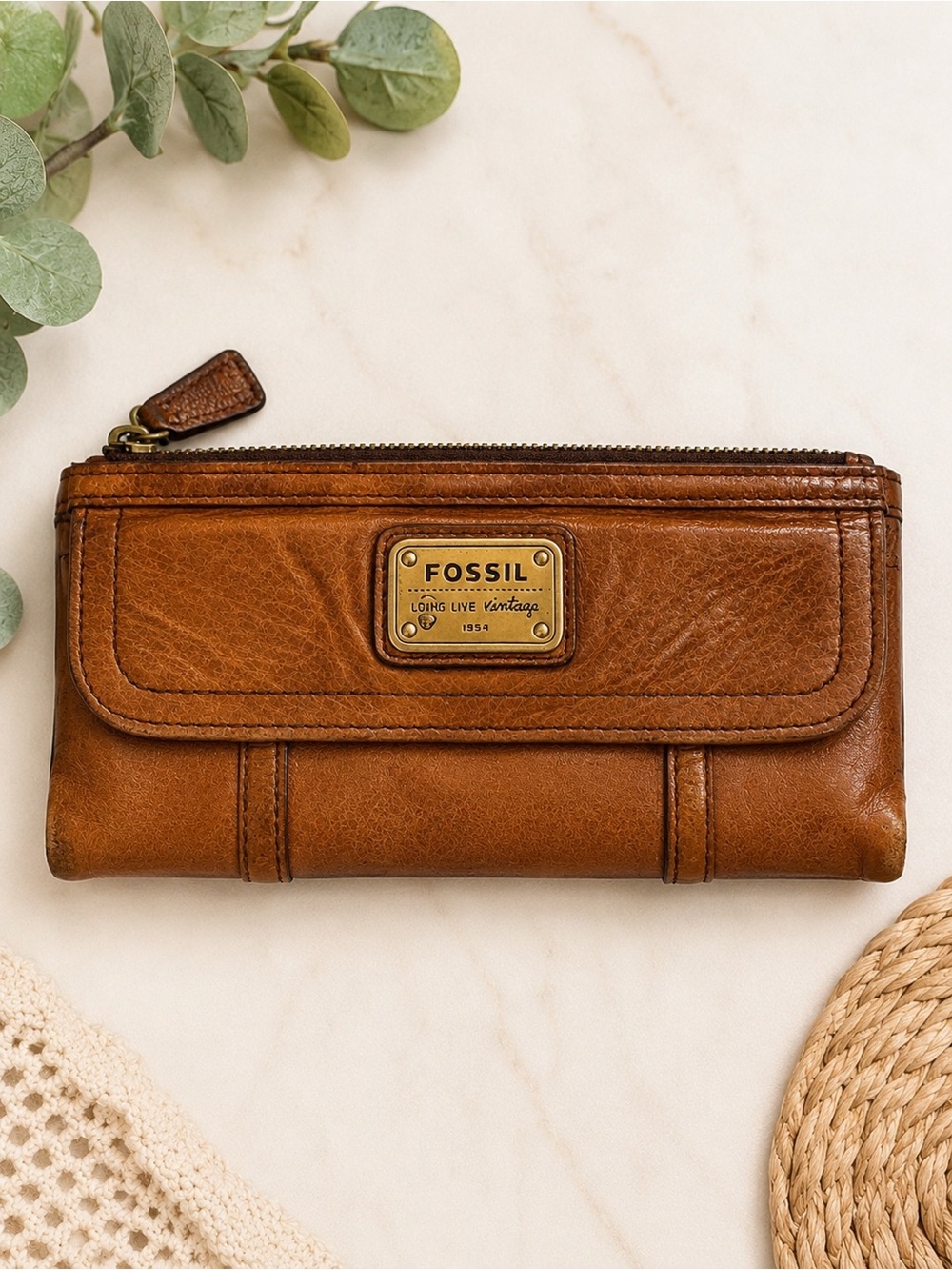 Fossil Tan Leather Zip-Around Wallet with Brass Logo Plate